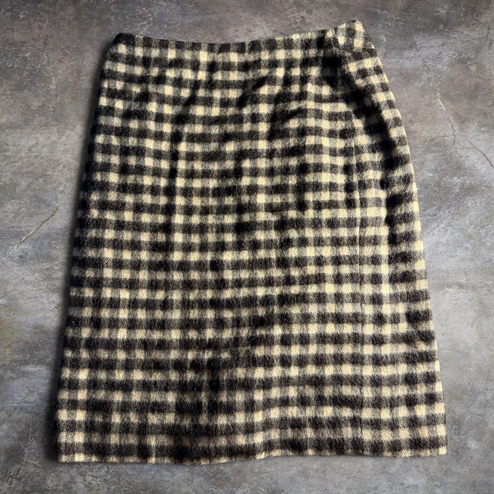 Kenneth Cole Black White Plaid Wool Blend Midi Skirt Vintage Office Career